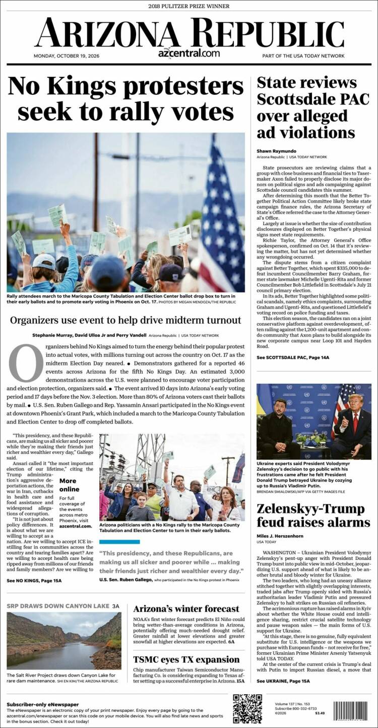 Portada de Arizona Republic News (USA)