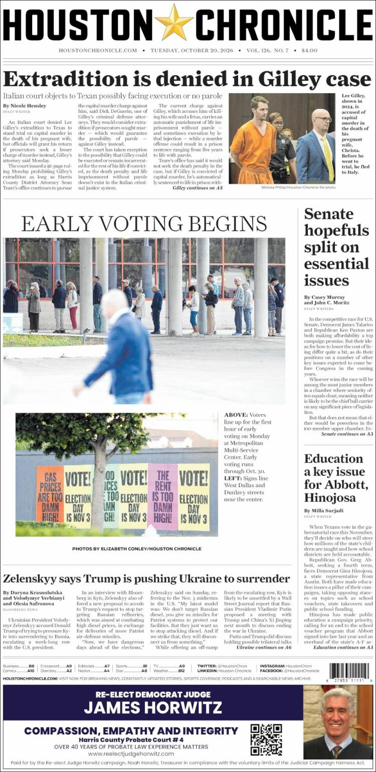 Portada de Houston Chronicle (USA)