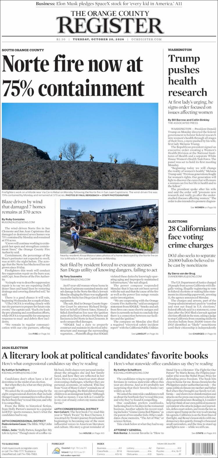 Portada de The Orange County Register (USA)