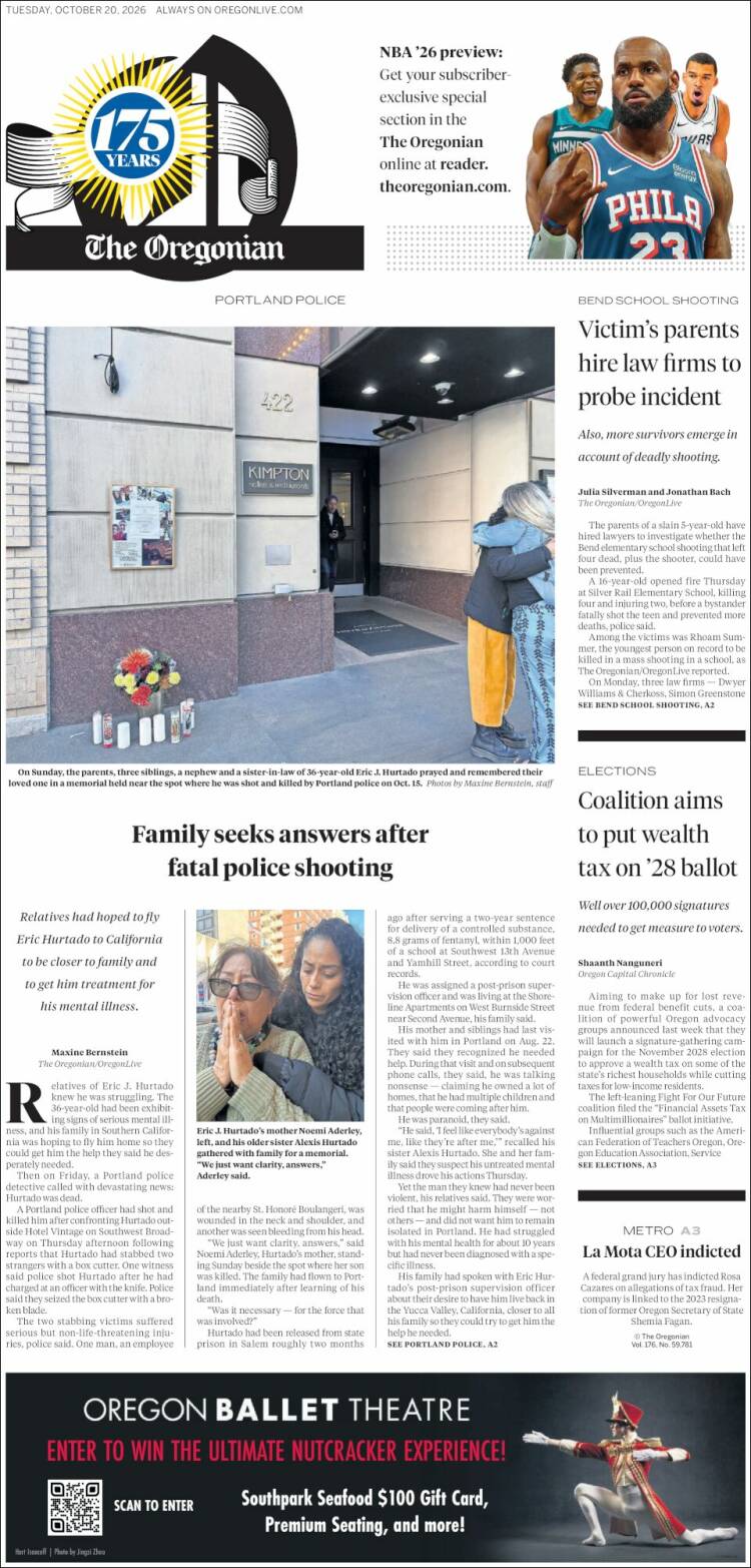 Portada de The Oregonian (USA)