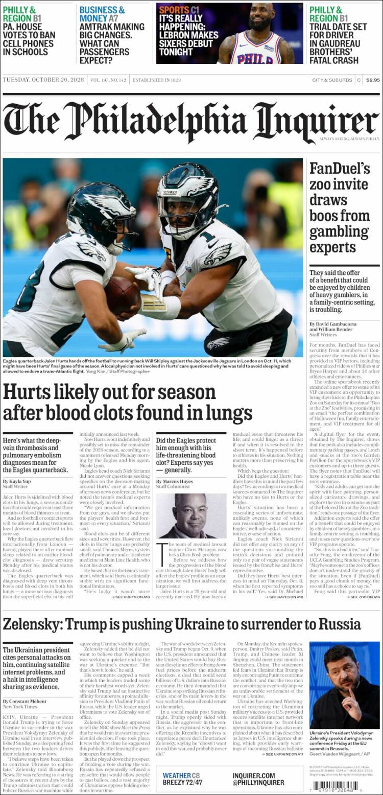 Portada de Philadelphia Inquirer (USA)