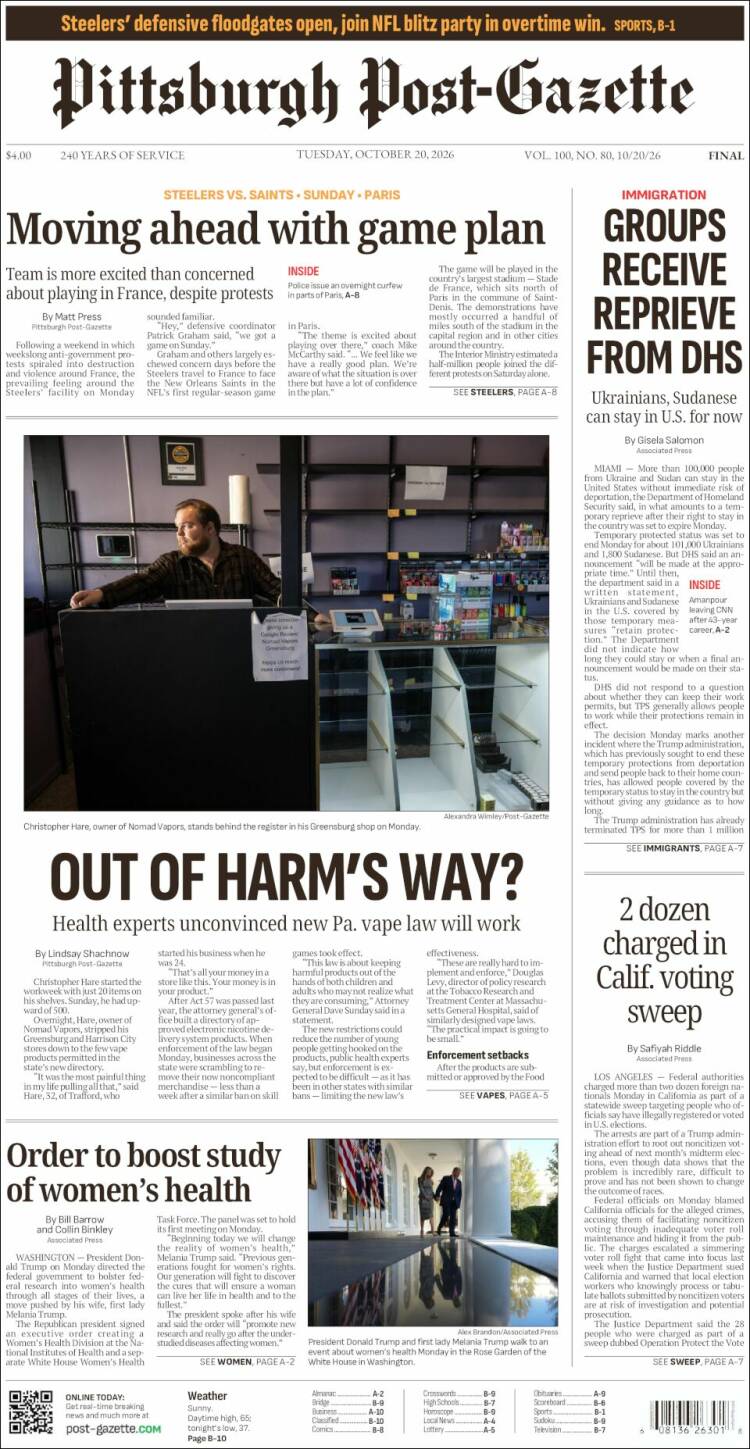 Portada de Pittsburgh Post-Gazette (USA)