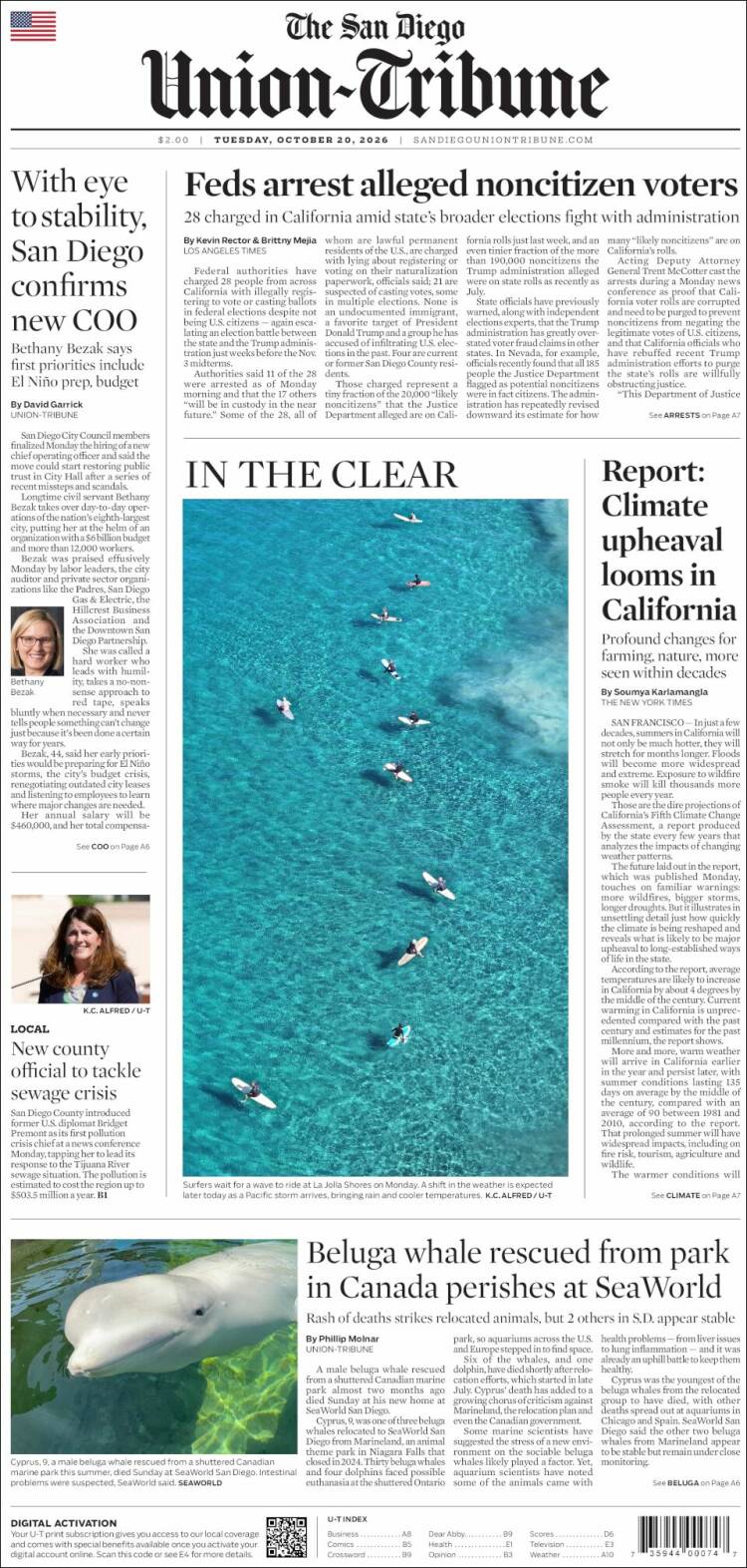 Portada de The San Diego Union-Tribune (USA)