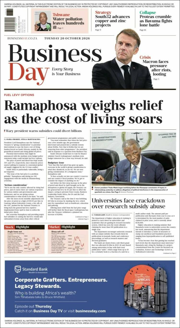 Portada de Business Day (Sud&aacute;frica)
