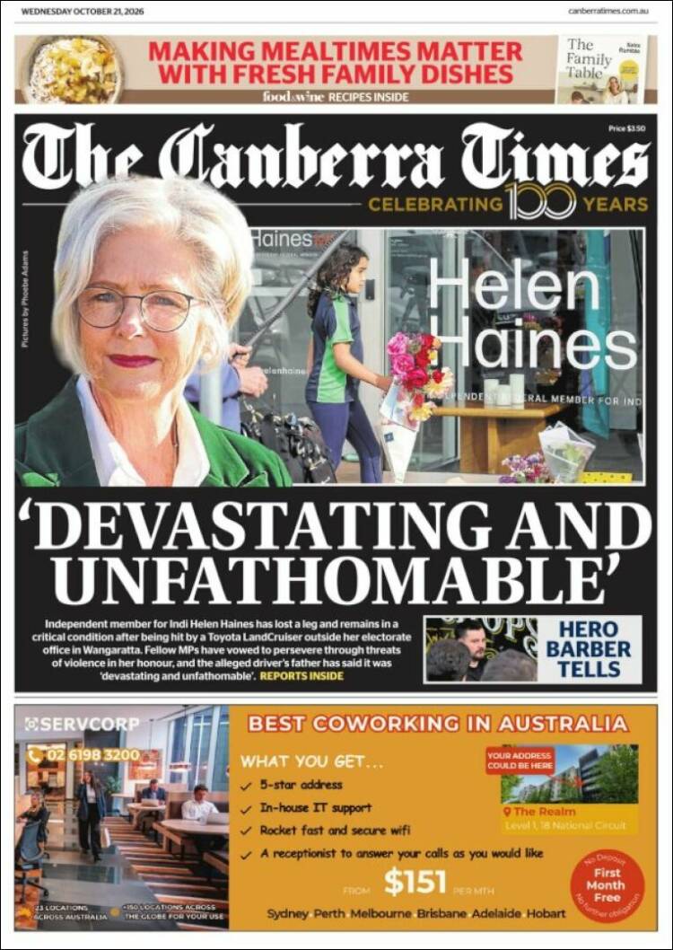 Portada de The Canberra Times (Australia)