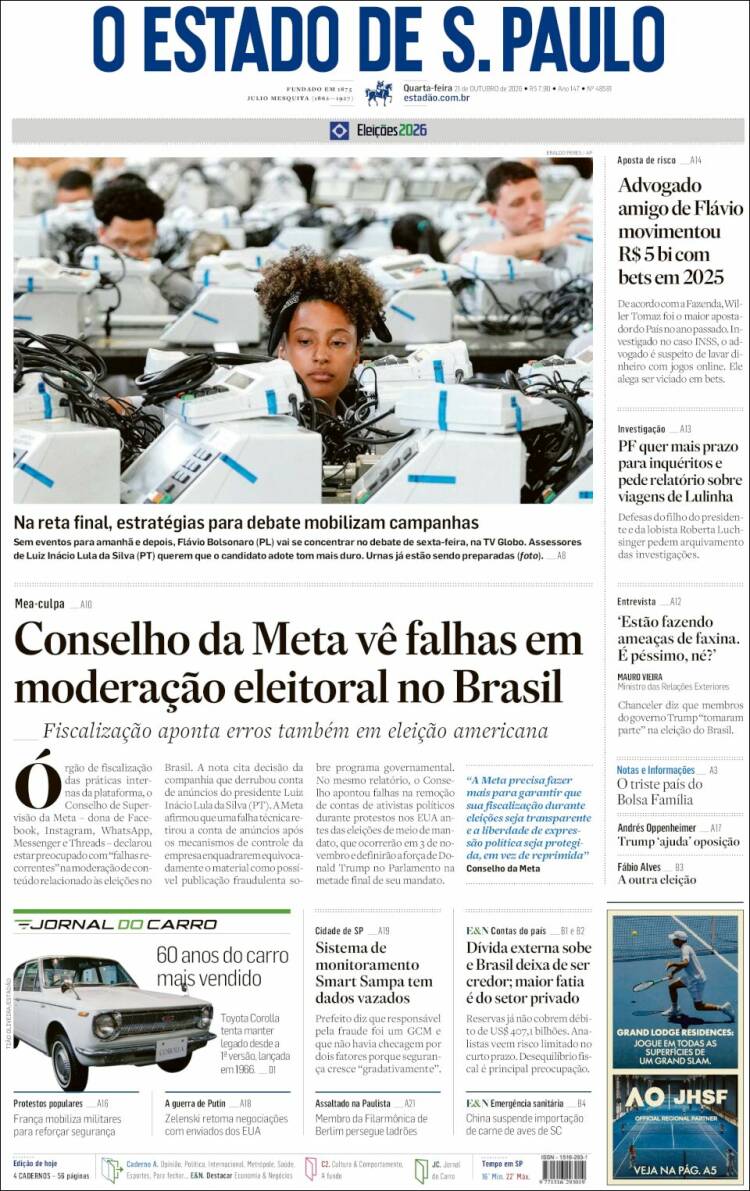 Portada de O Estado de São Paulo (Brasil)