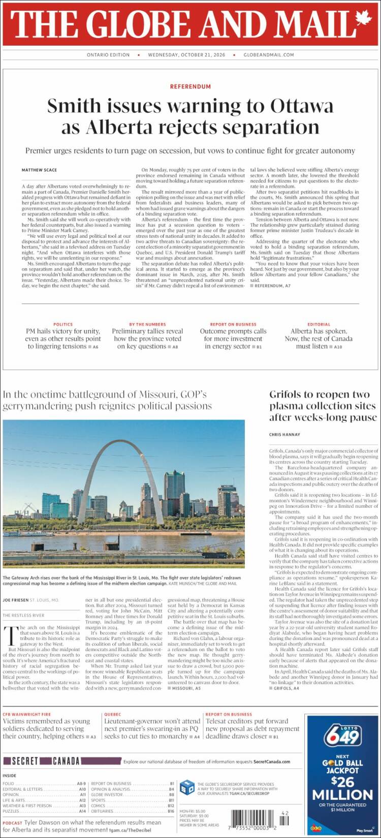 Portada de The Globe and Mail (Canad&aacute;)