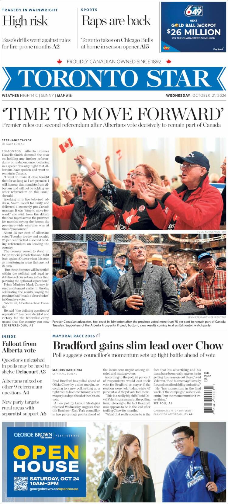 Portada de The Toronto Star (Canada)
