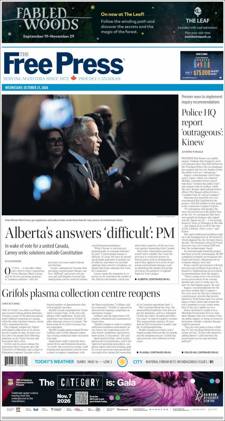 Portada de Winnipeg Free Press (Canada)