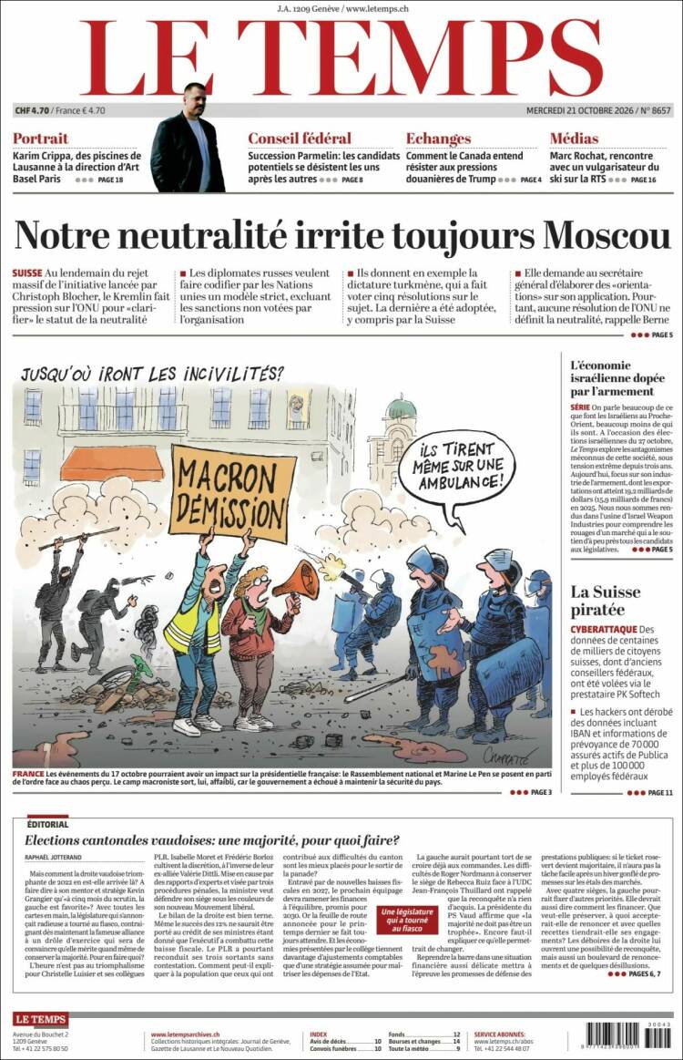 Portada de Le Matin (Suiza)