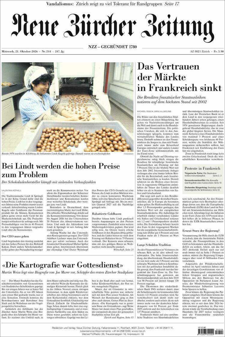 Portada de Neue Zürcher Zeitung (Switzerland)