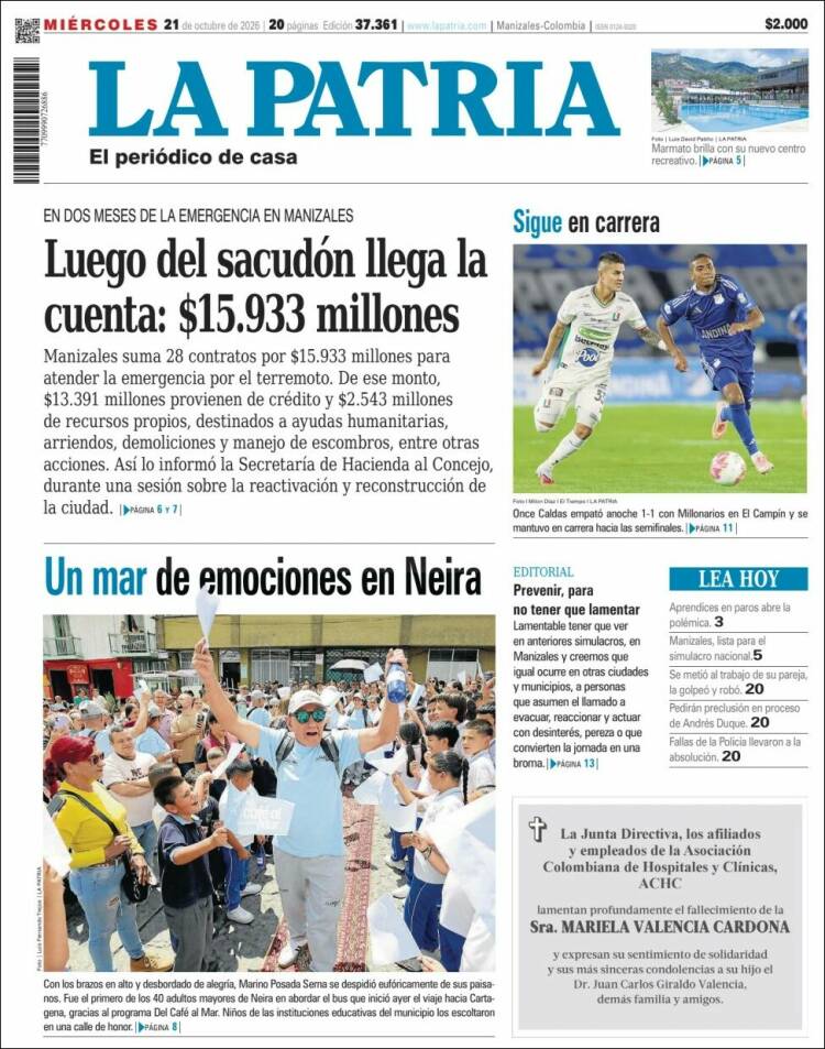 Portada de La Patria (Colombia)
