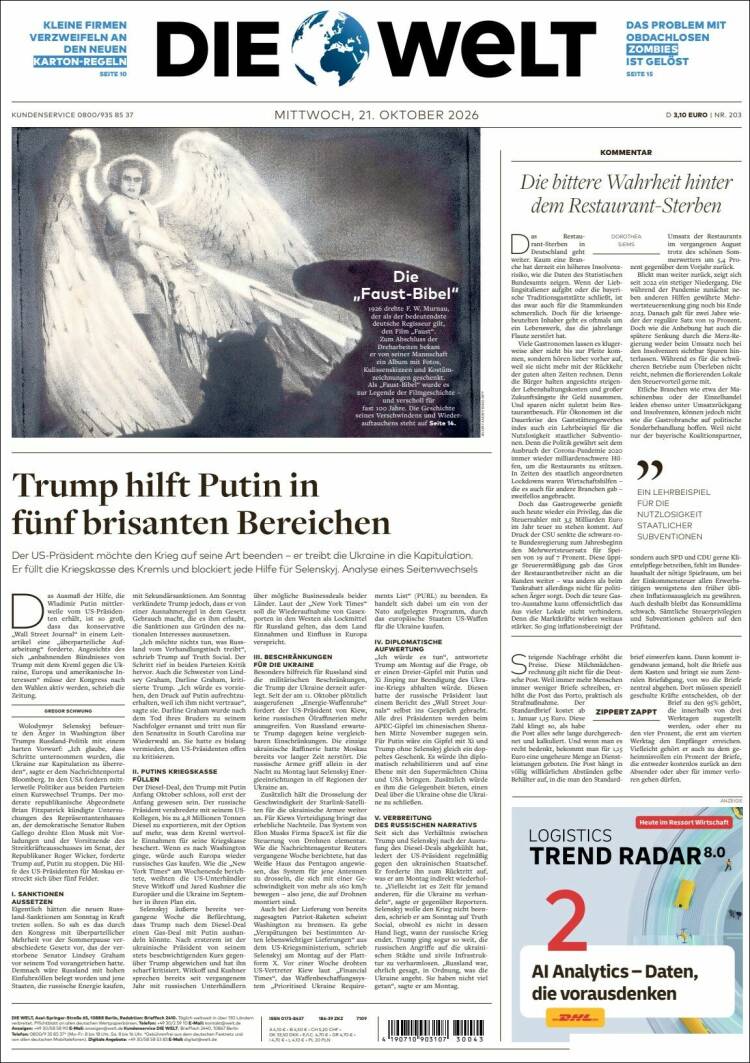 Portada de Die Welt (Alemania)