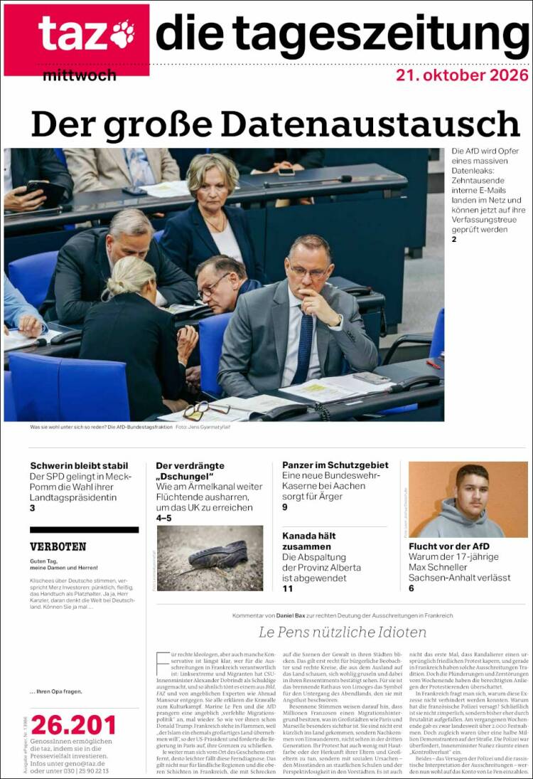 Portada de Die Tageszeitung (Germany)
