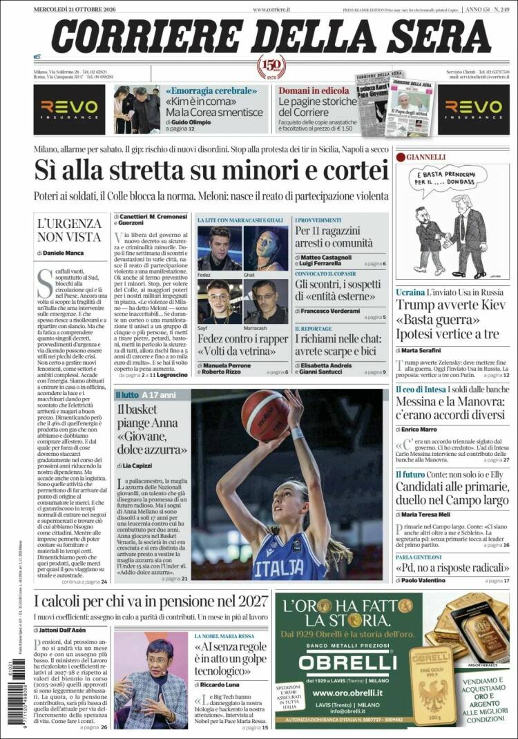Portada de Corriere della Sera (Italy)