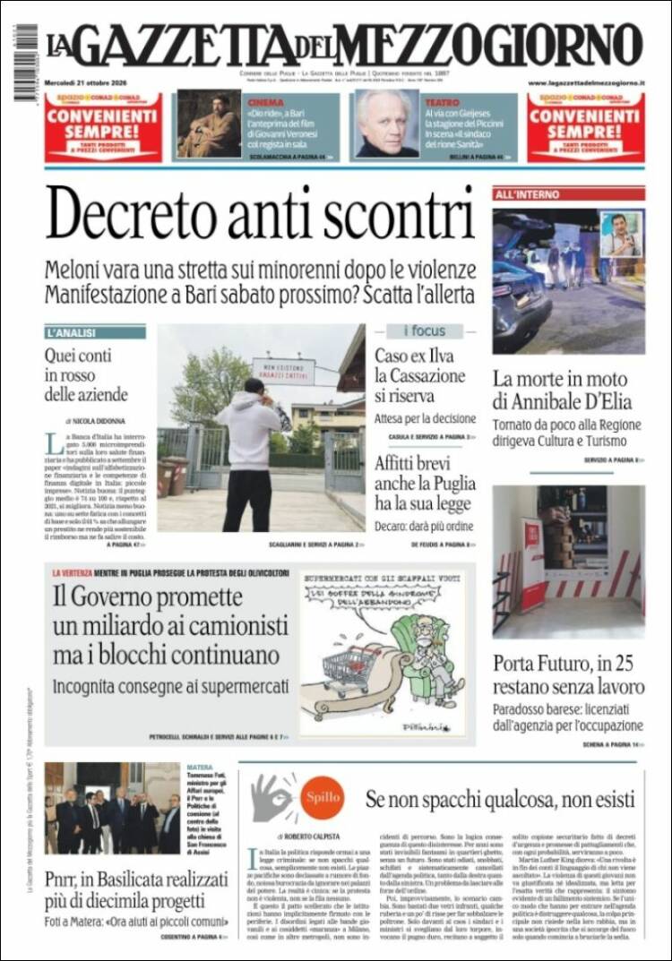 Portada de La Gazzetta del Mezzogiorno (Italia)