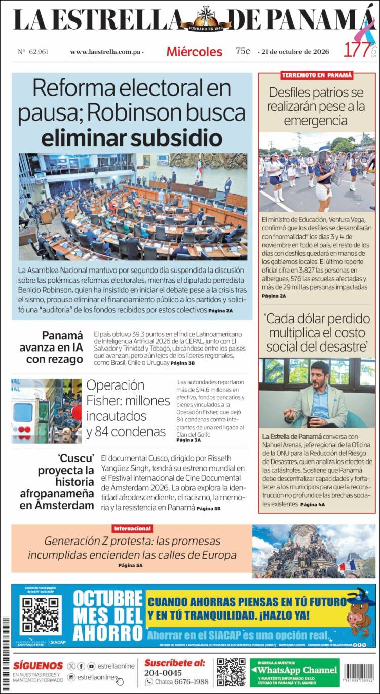 Portada de La Estrella de Panamá (Panama)