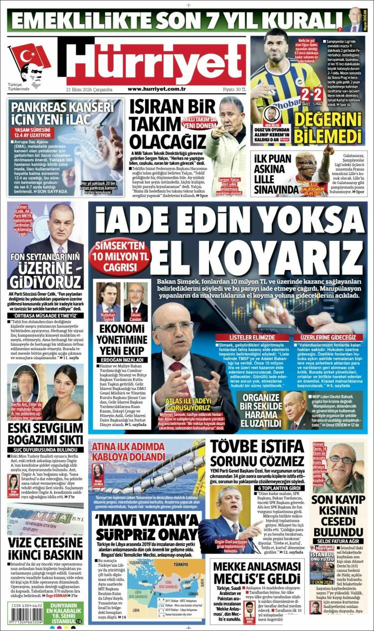 Portada de Hürriyet (Turqu&iacute;a)