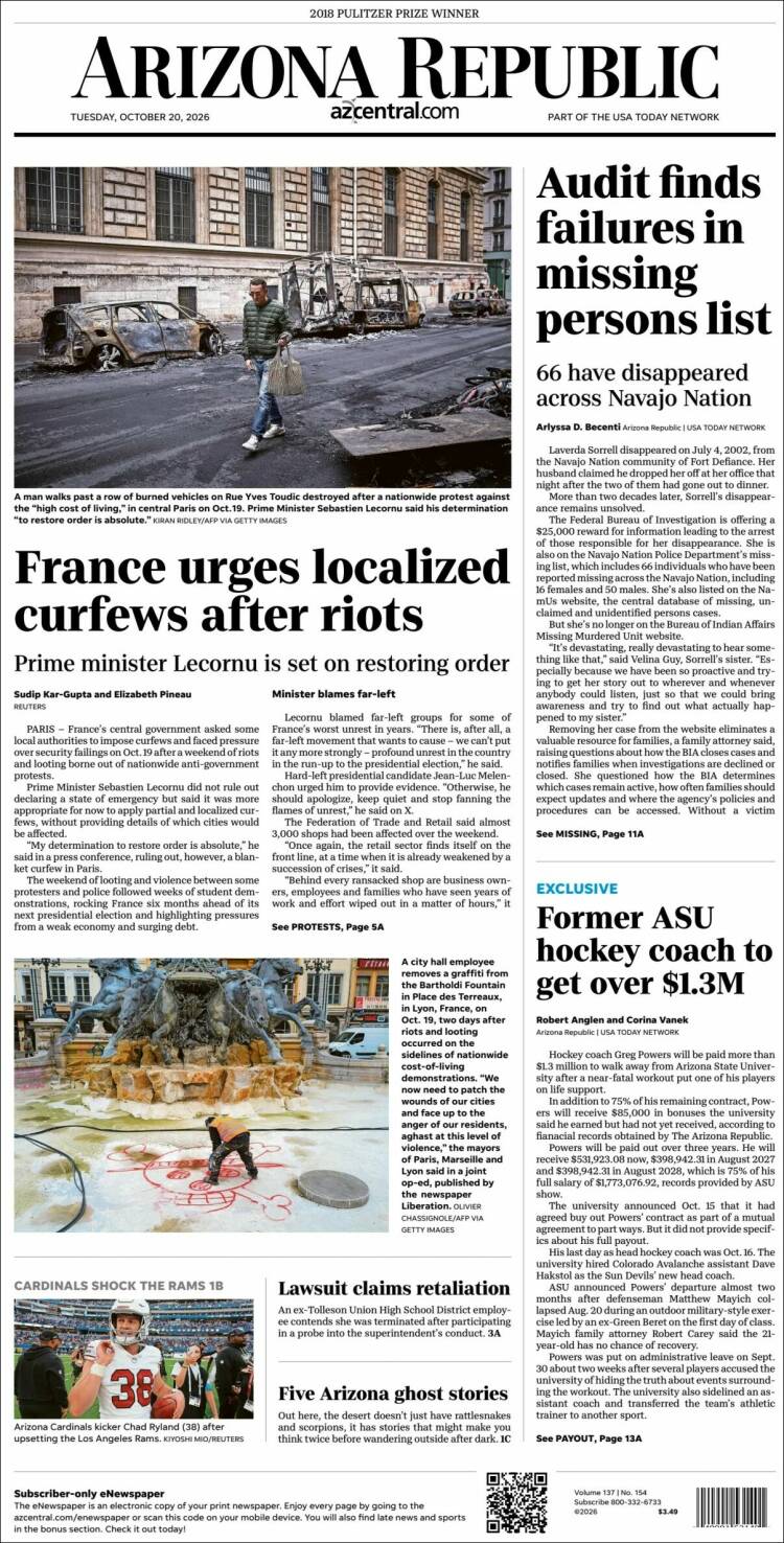 Portada de Arizona Republic News (USA)