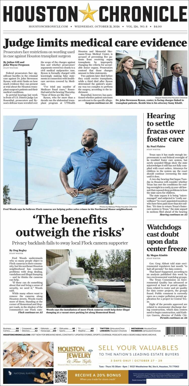 Portada de Houston Chronicle (USA)