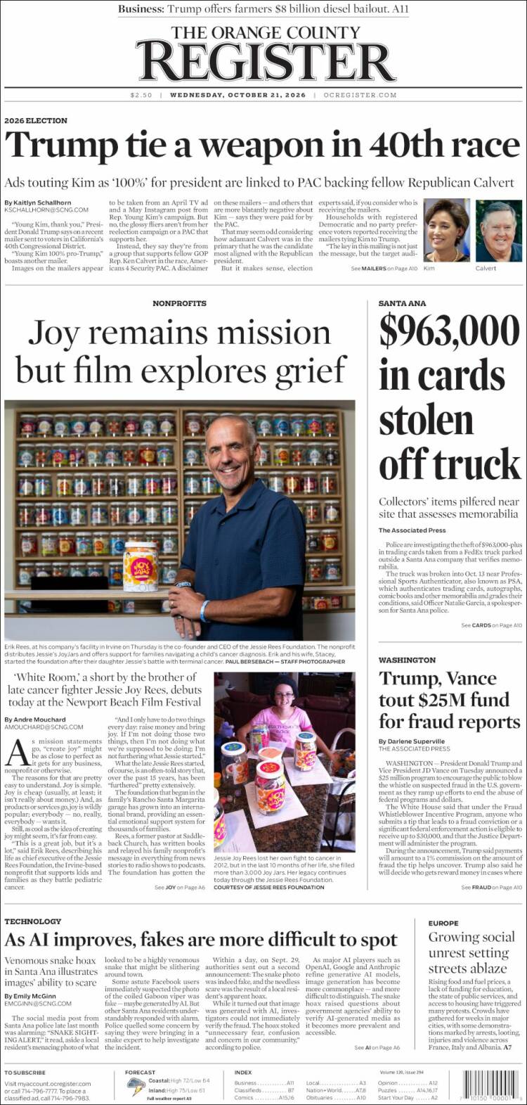 Portada de The Orange County Register (USA)