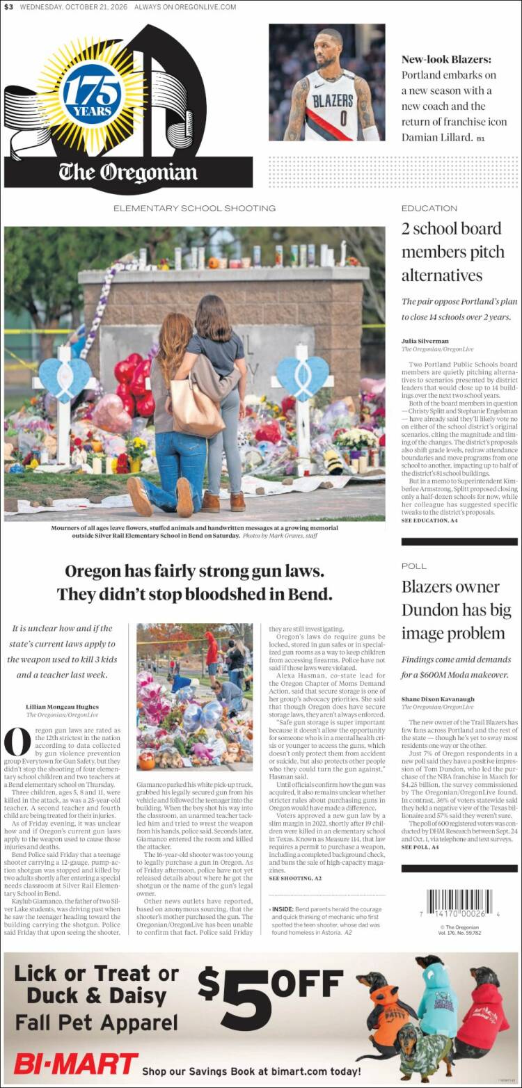 Portada de The Oregonian (USA)