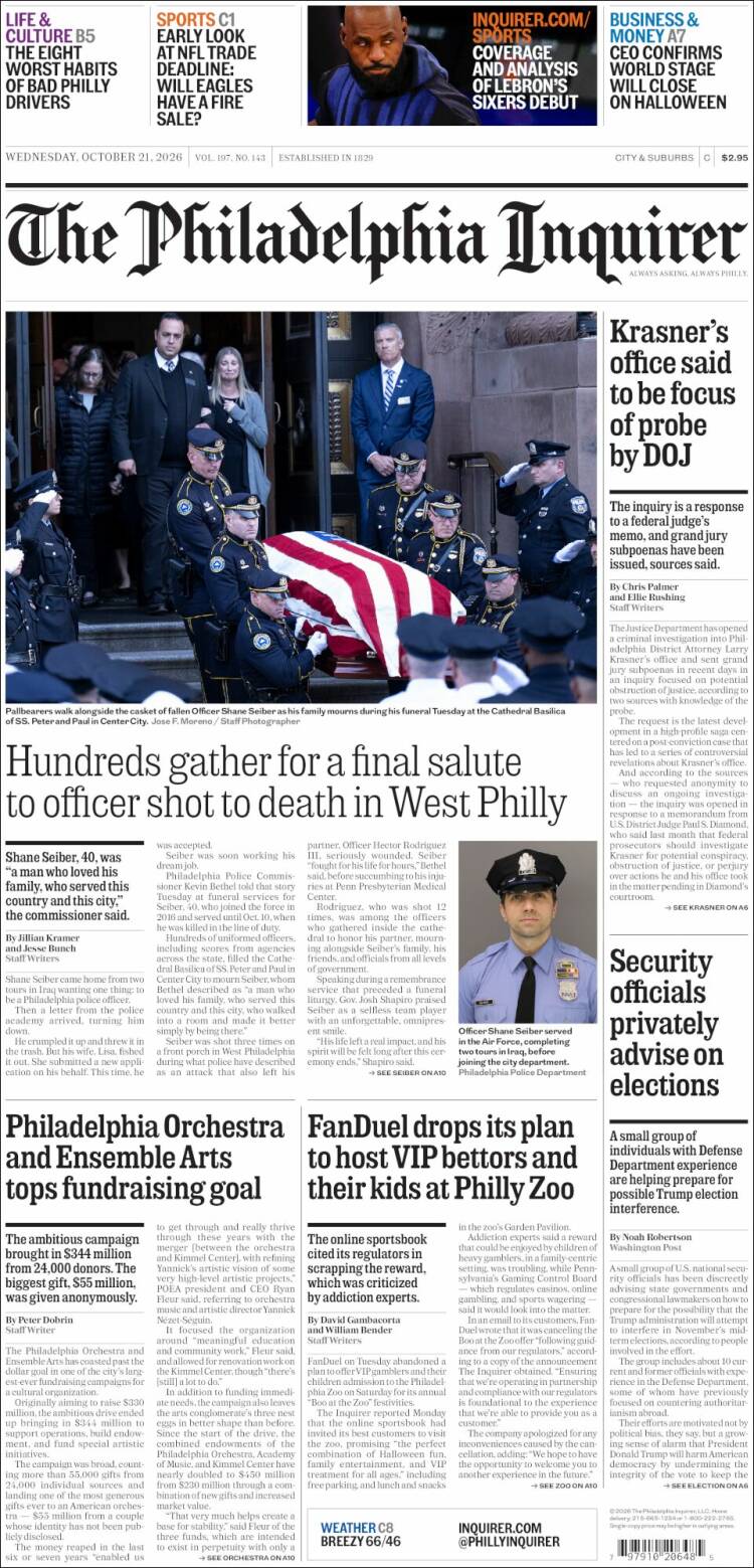 Portada de Philadelphia Inquirer (USA)