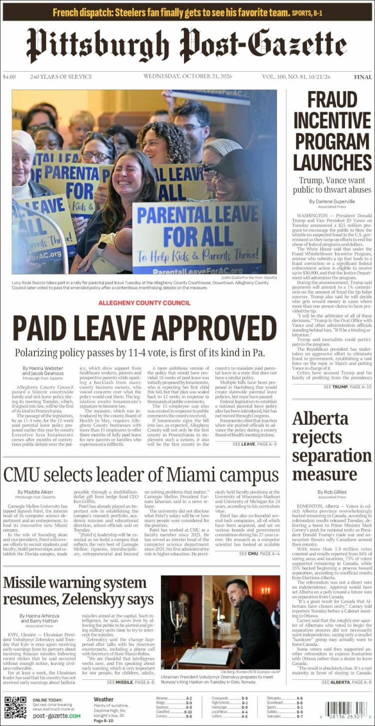 Portada de Pittsburgh Post-Gazette (USA)