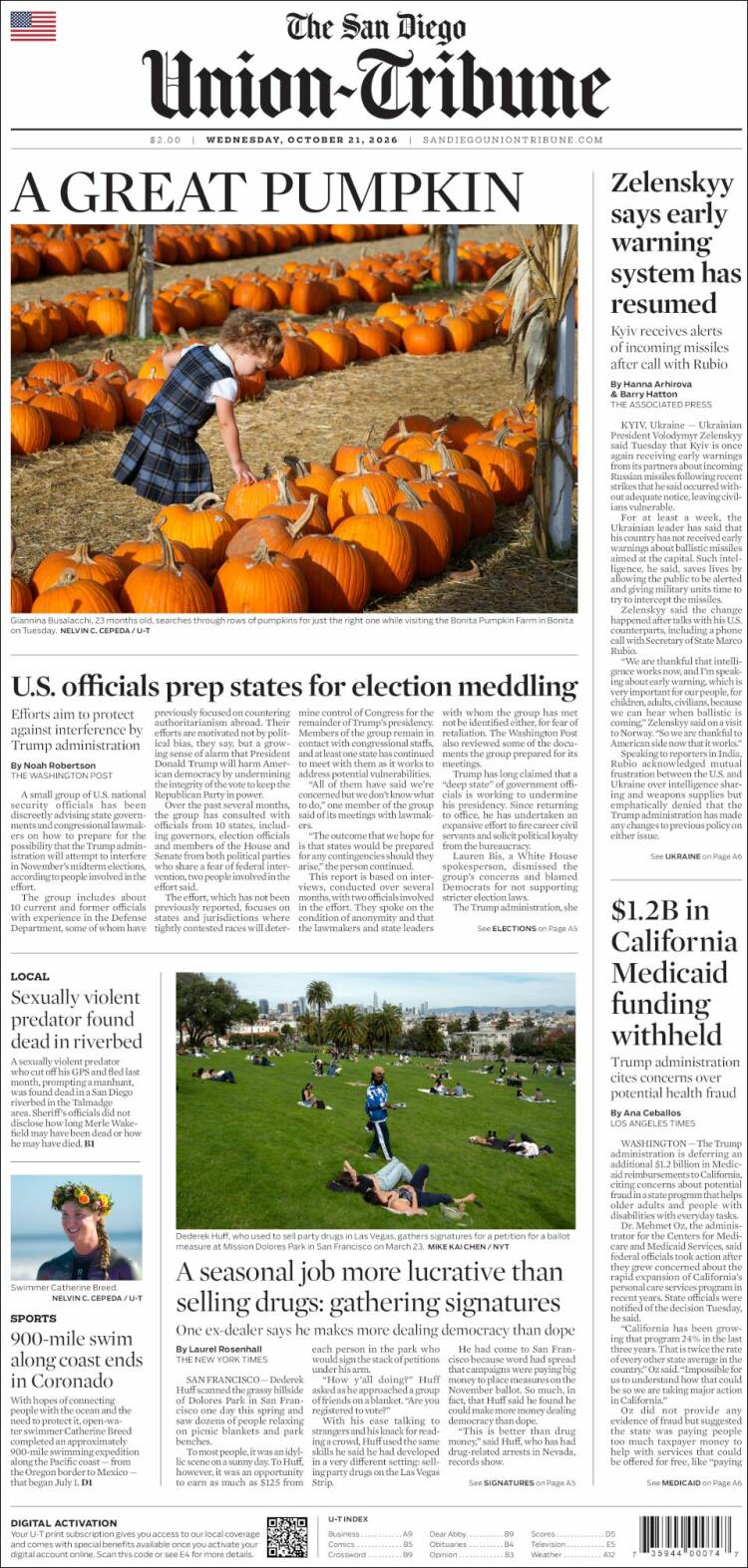 Portada de The San Diego Union-Tribune (USA)