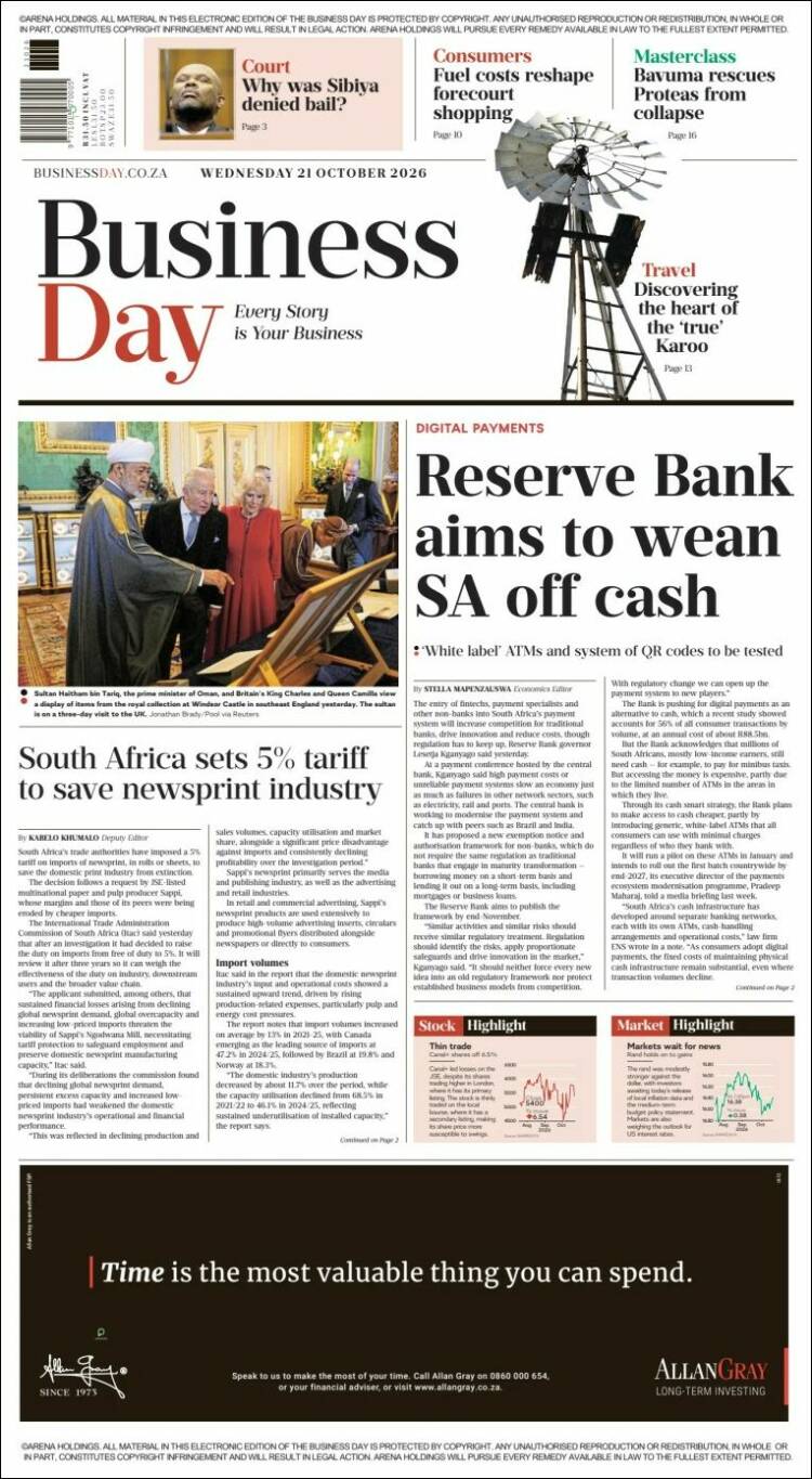 Portada de Business Day (South Africa)