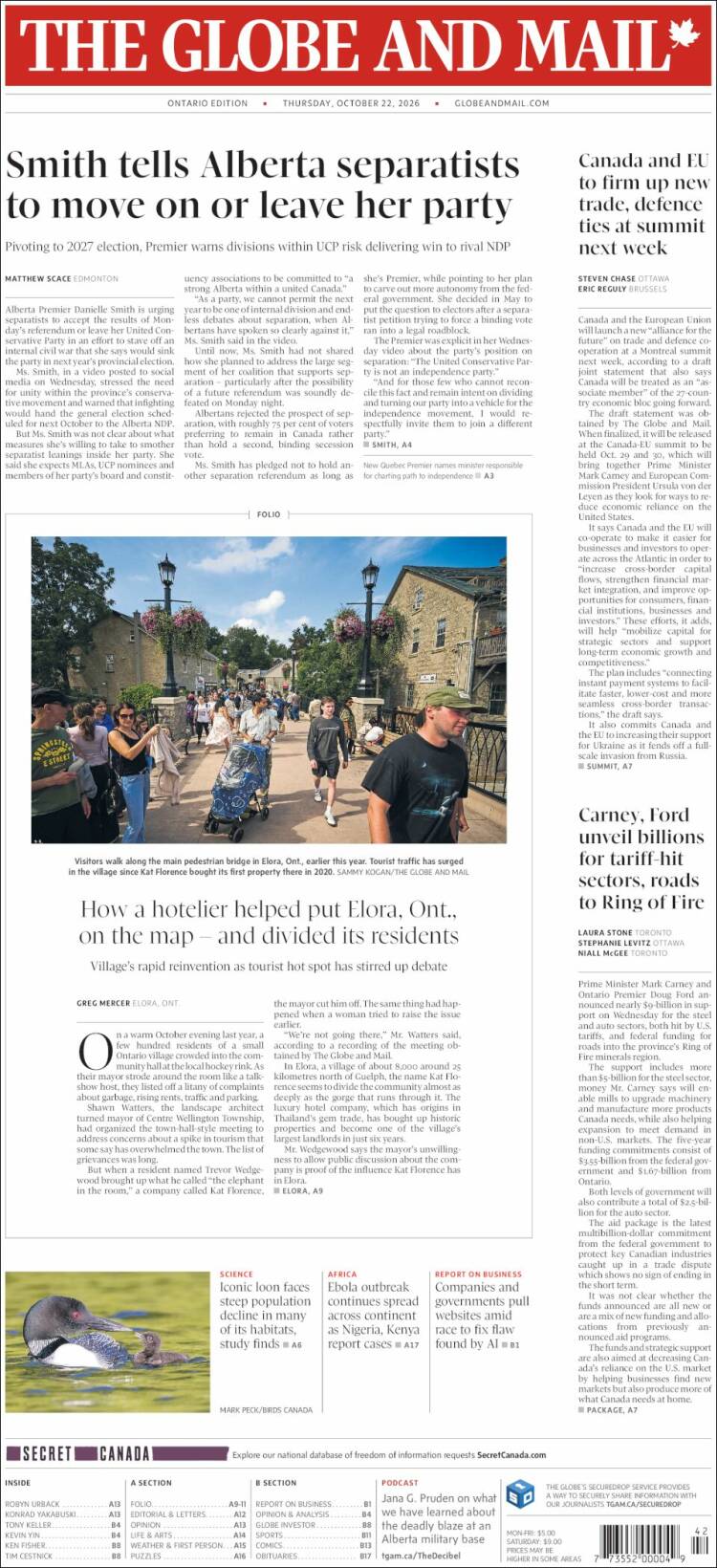 Portada de The Globe and Mail (Canada)