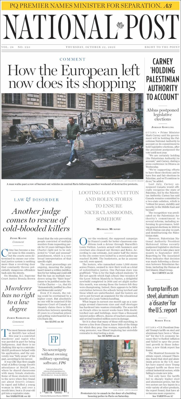 Portada de The National Post (Canada)