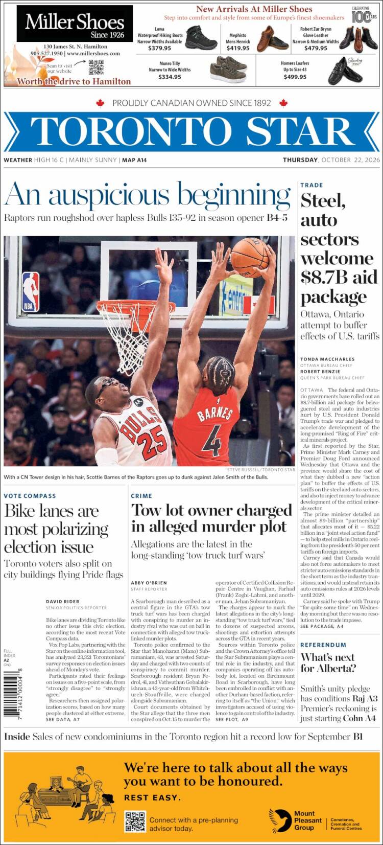 Portada de The Toronto Star (Canada)