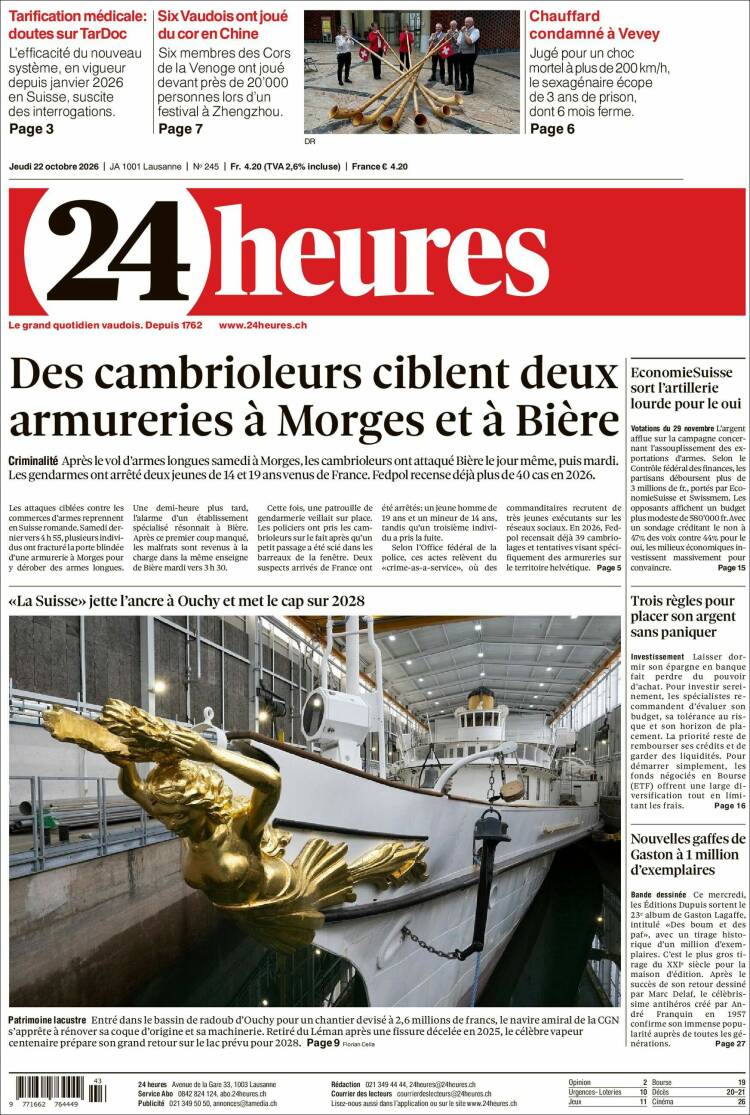 Portada de 24 Heures (Switzerland)