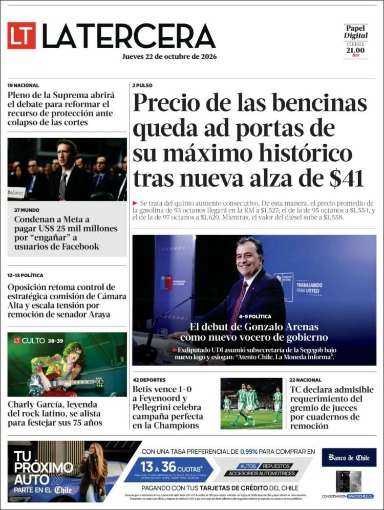 Portada de La Tercera (Chile)