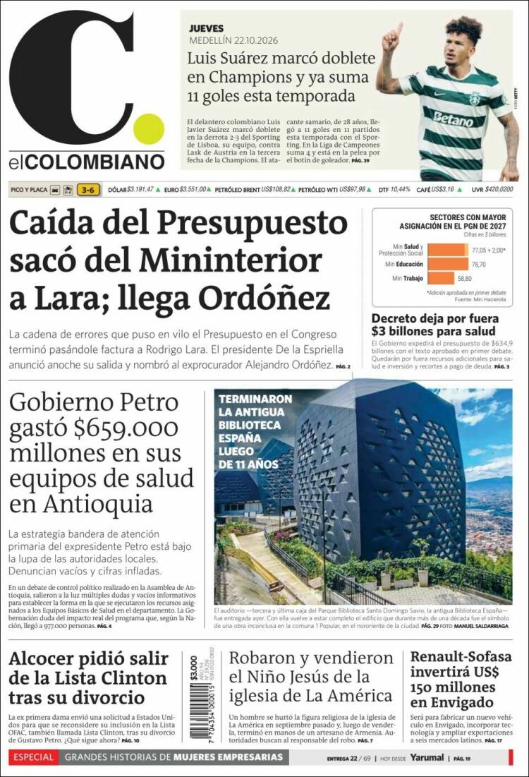 Portada de El Colombiano (Colombia)