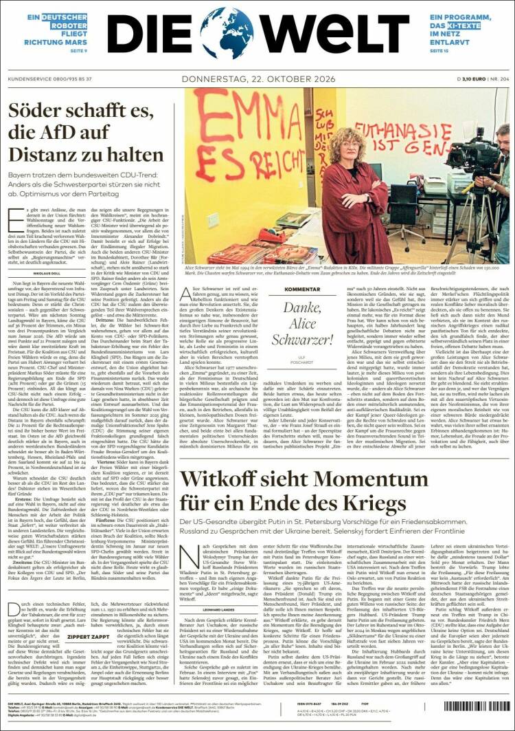 Portada de Die Welt (Germany)