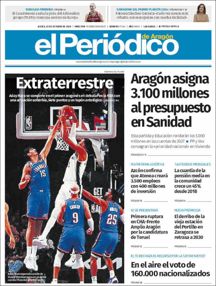 Portada de El Periódico de Aragón (Spain)