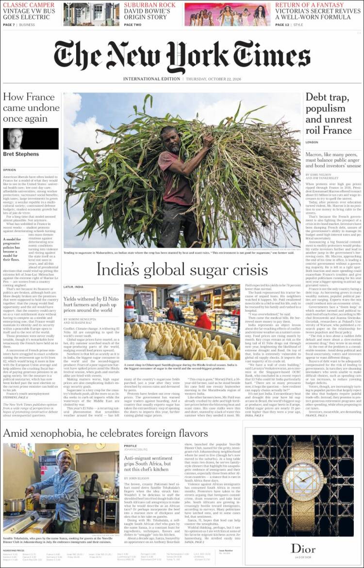 Portada de International New York Times (Europe)