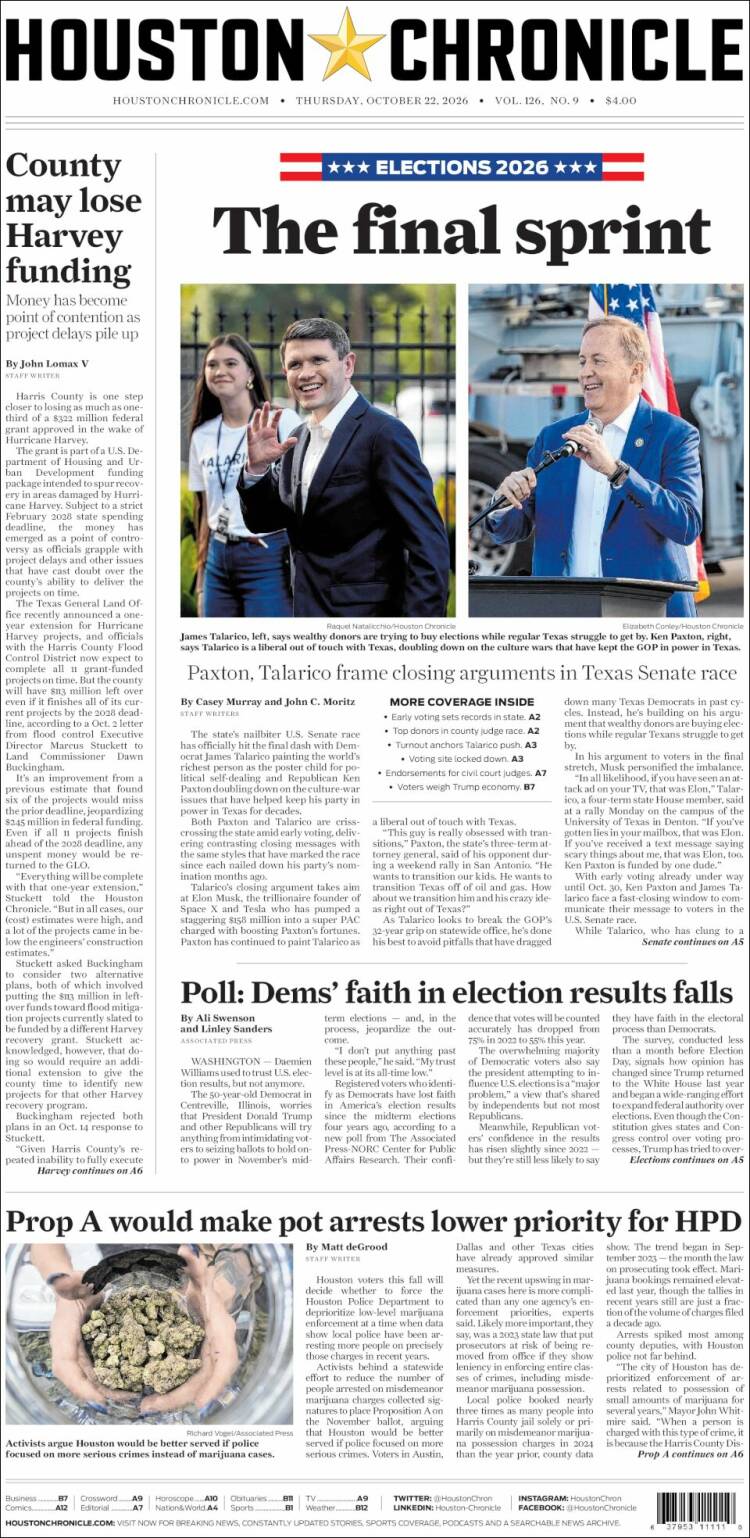 Portada de Houston Chronicle (USA)