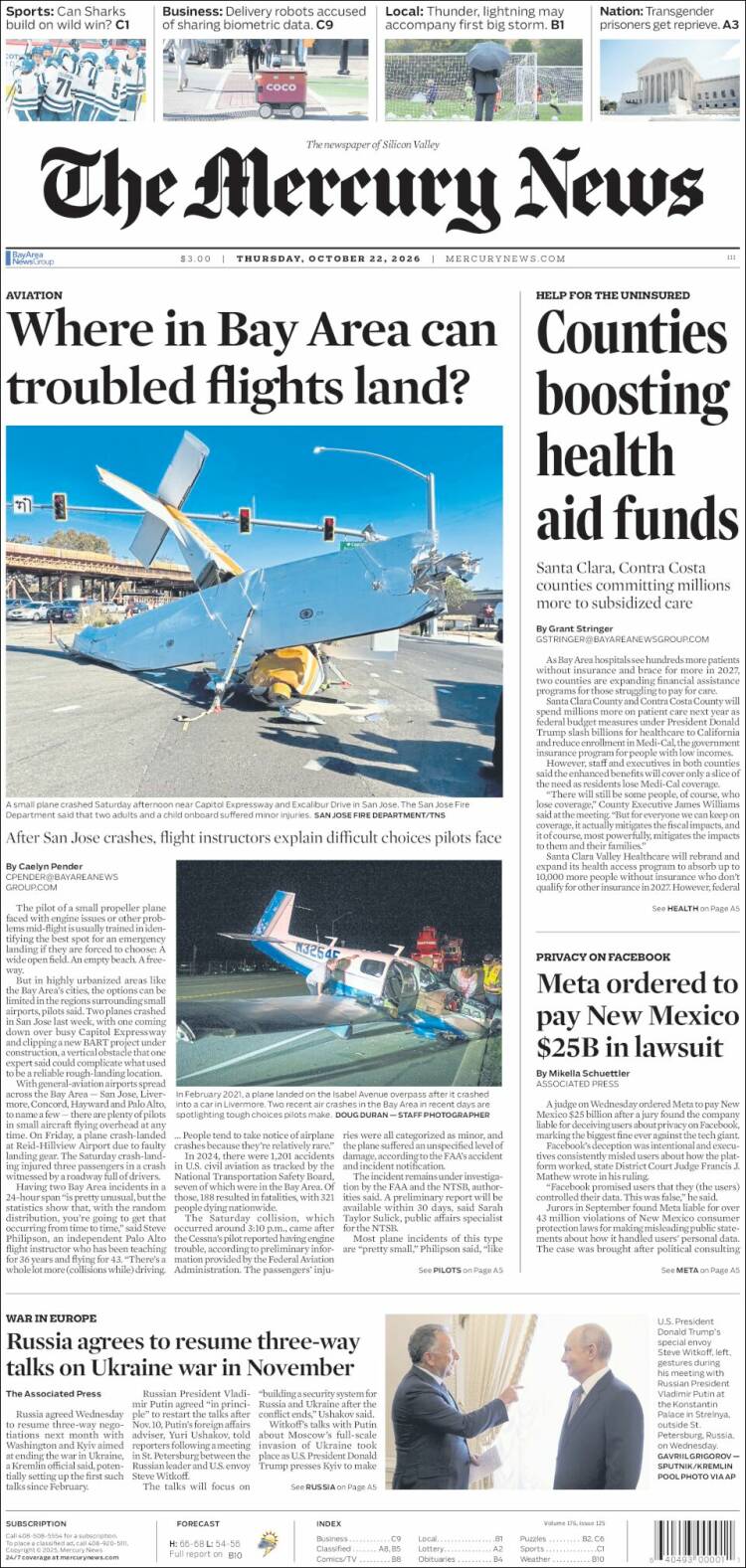 Portada de San Jose Mercury News (USA)