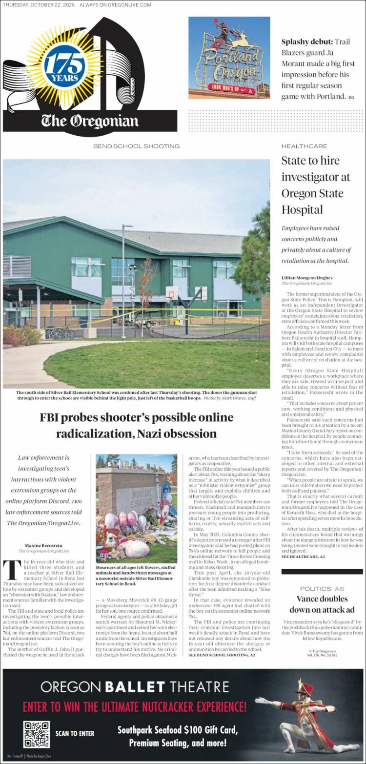 Portada de The Oregonian (USA)
