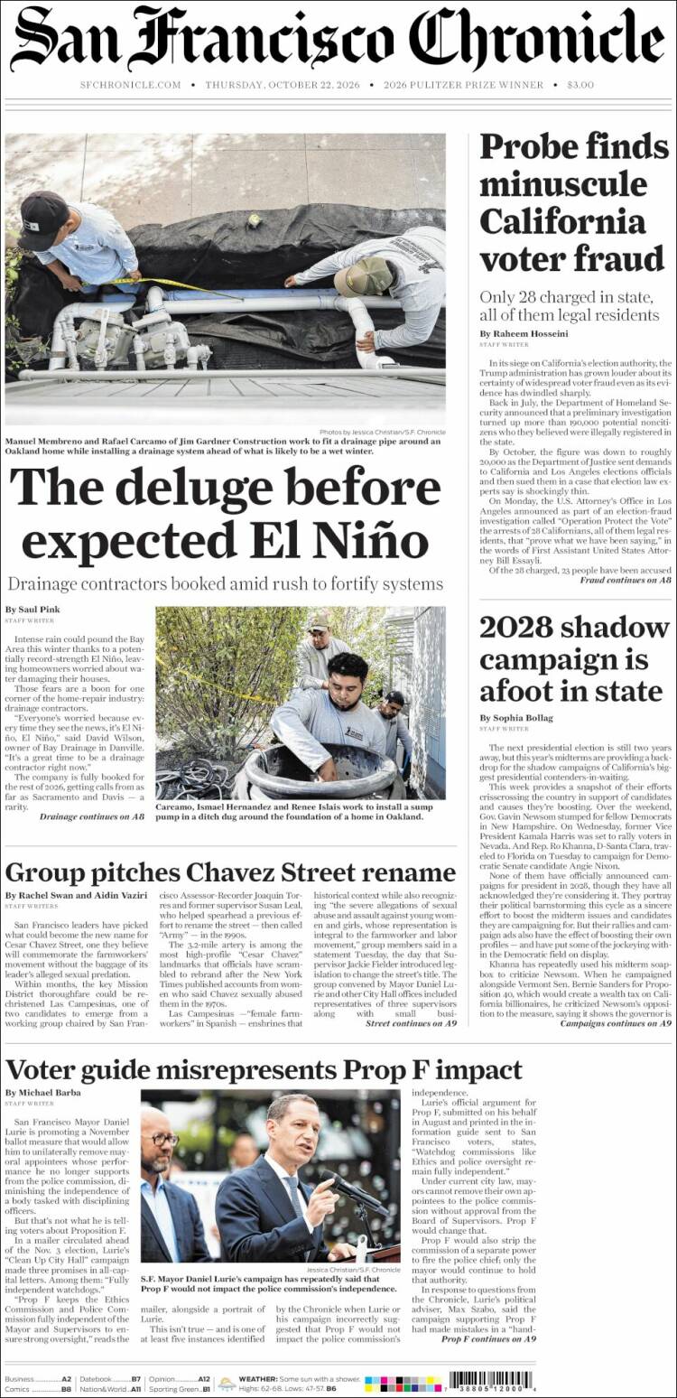 Portada de San Francisco Chronicle (USA)