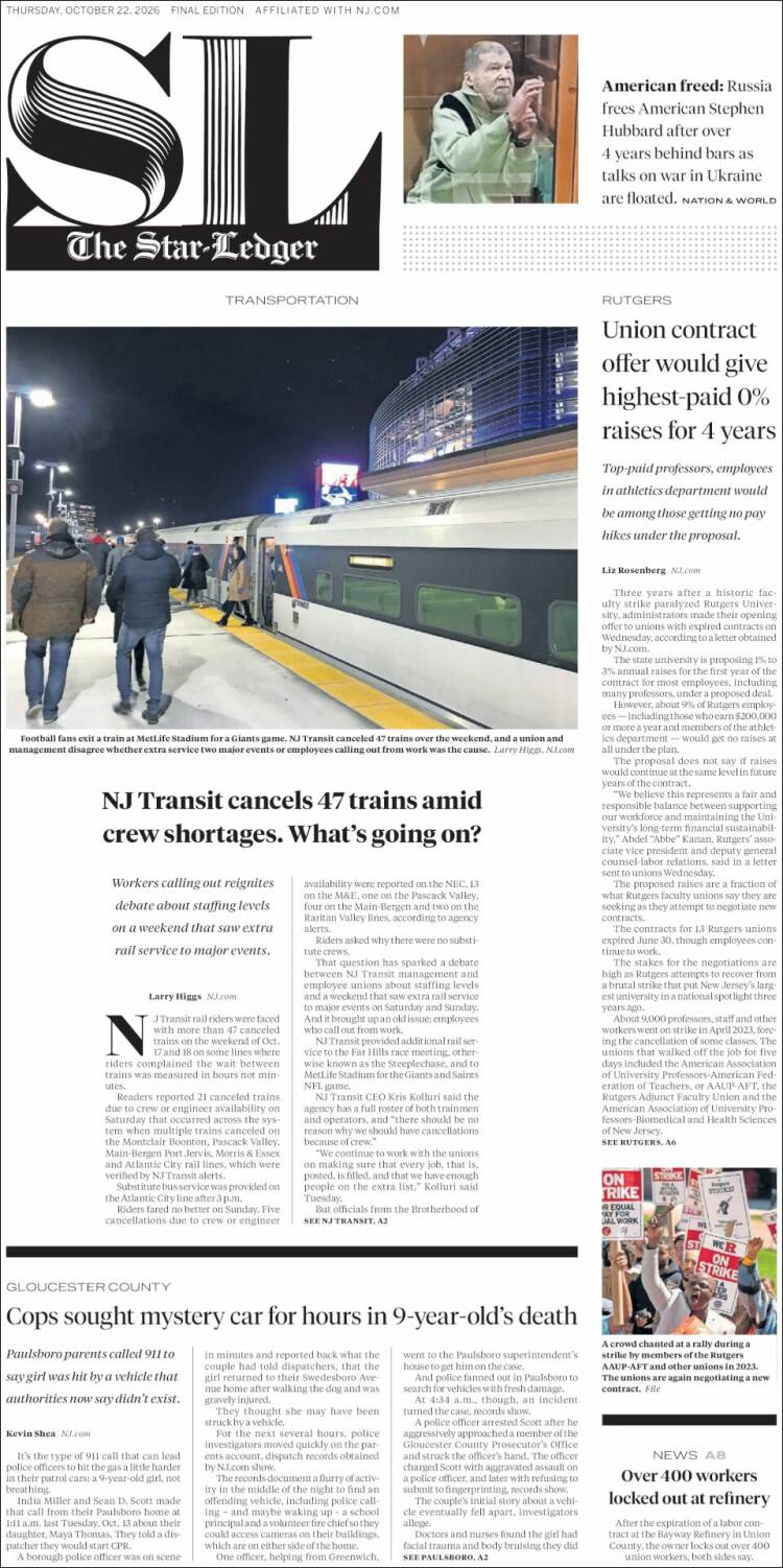 Portada de Star-Ledger (USA)