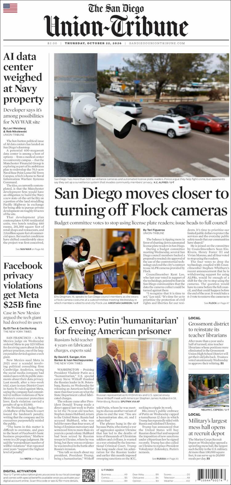 Portada de The San Diego Union-Tribune (USA)
