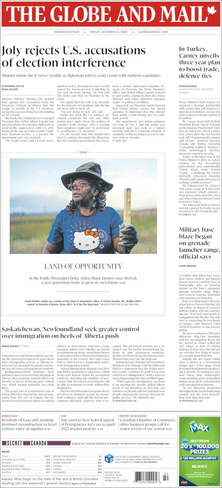 Portada de The Globe and Mail (Canad&aacute;)