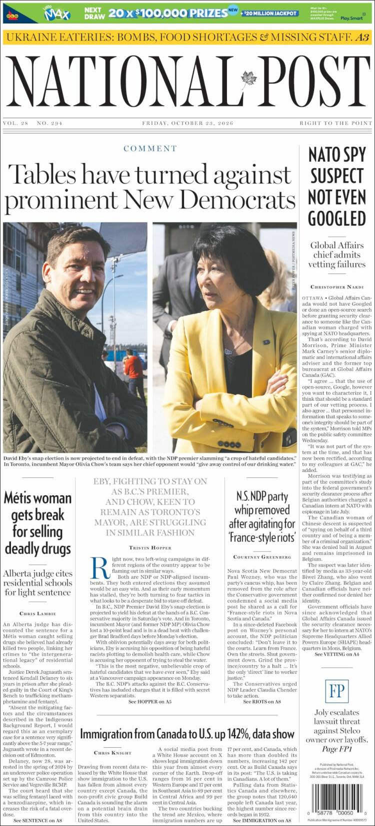 Portada de The National Post (Canada)
