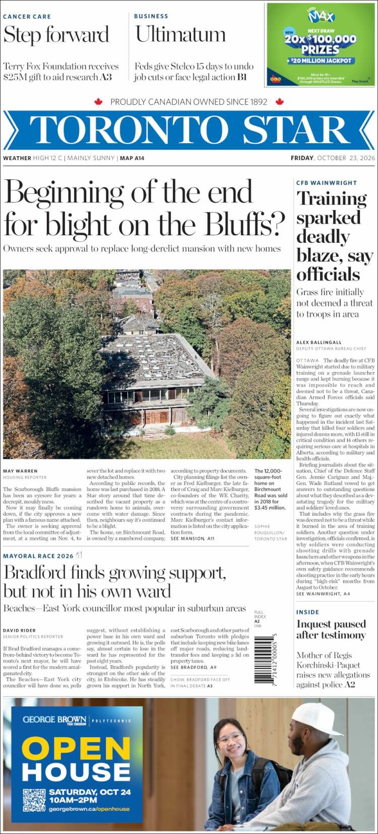 Portada de The Toronto Star (Canad&aacute;)
