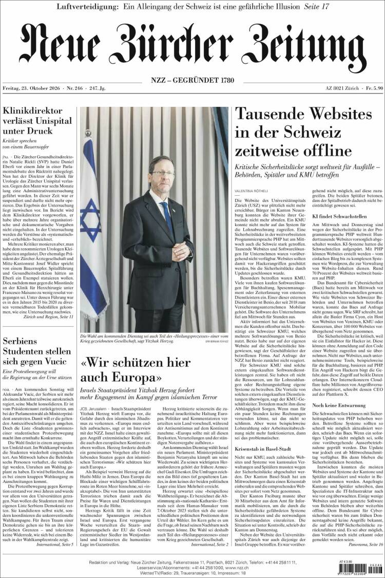 Portada de Neue Zürcher Zeitung (Suiza)