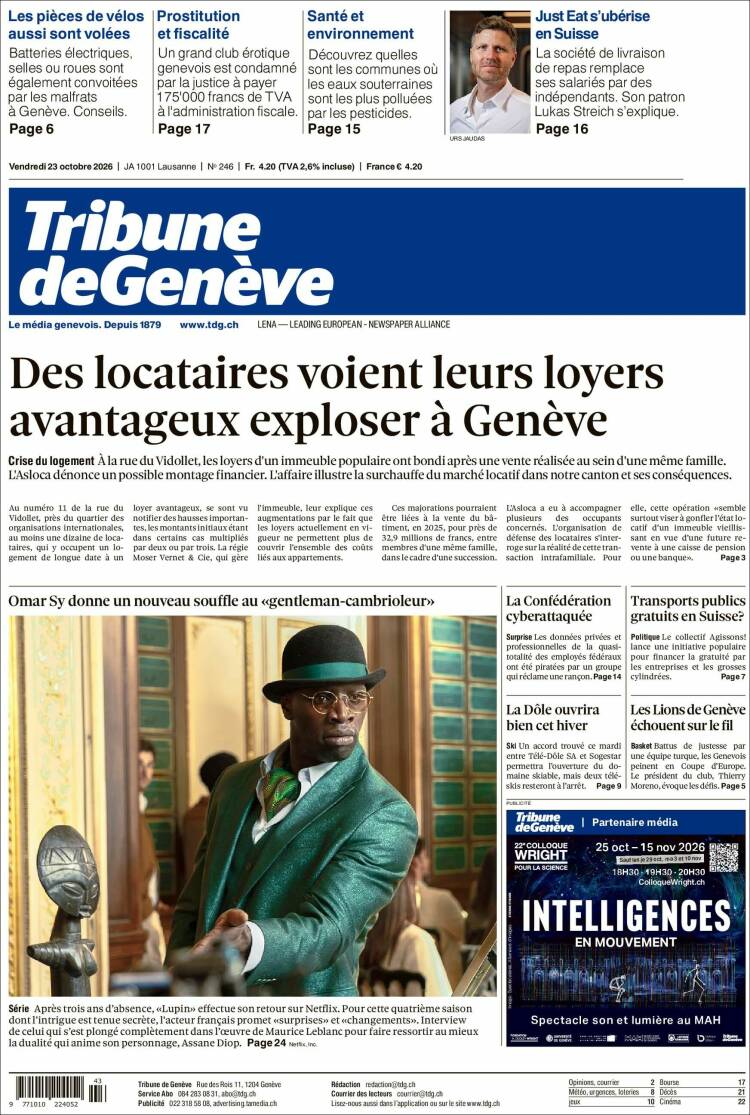 Portada de La Tribune de Genève (Suiza)